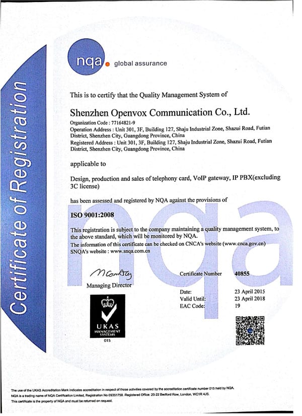 OpenVox 's Quality Management System is Certified to ISO 9001:2008