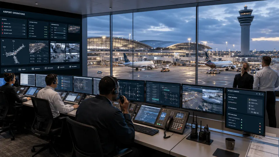 Airport operations center coordinating passenger services and airport teams