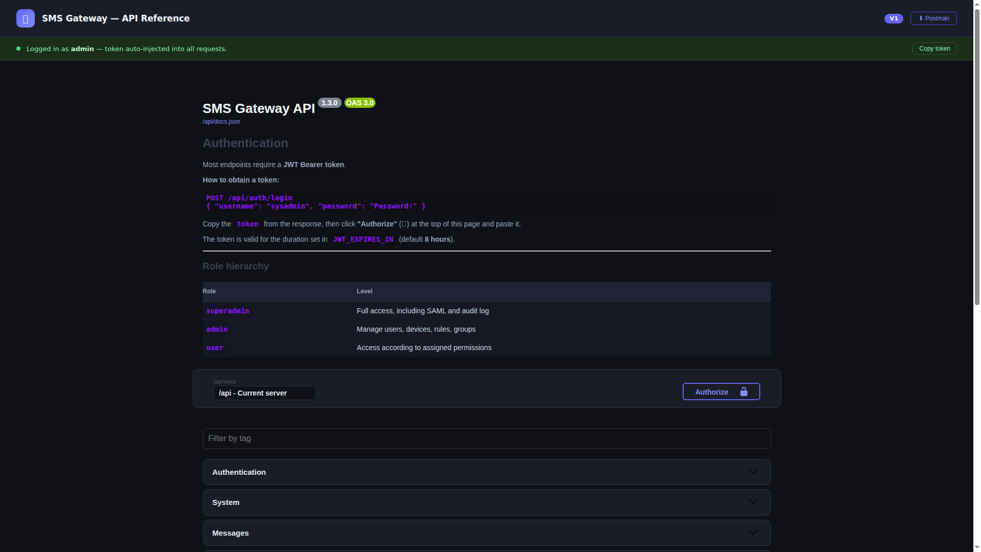 OpenVox SMS Gateway API documentation interface