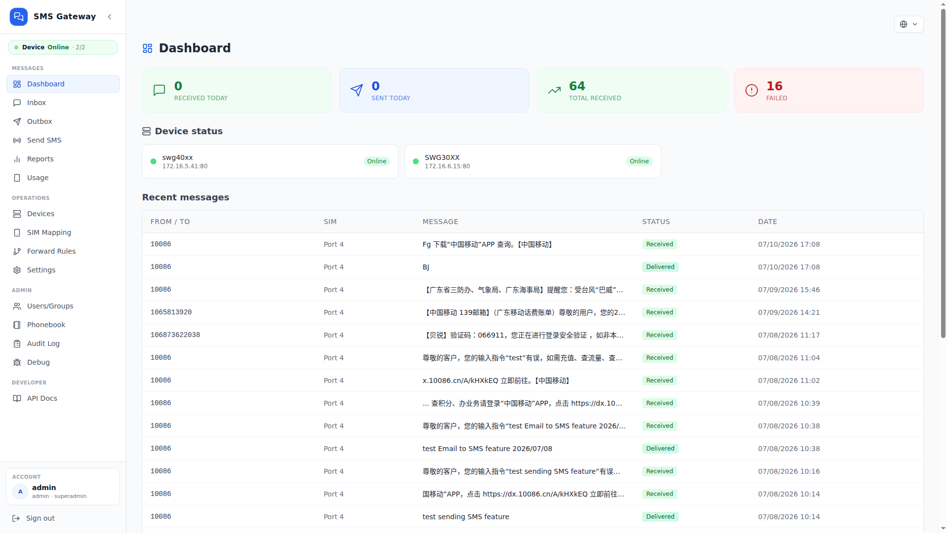 OpenVox SMS Gateway Dashboard interface