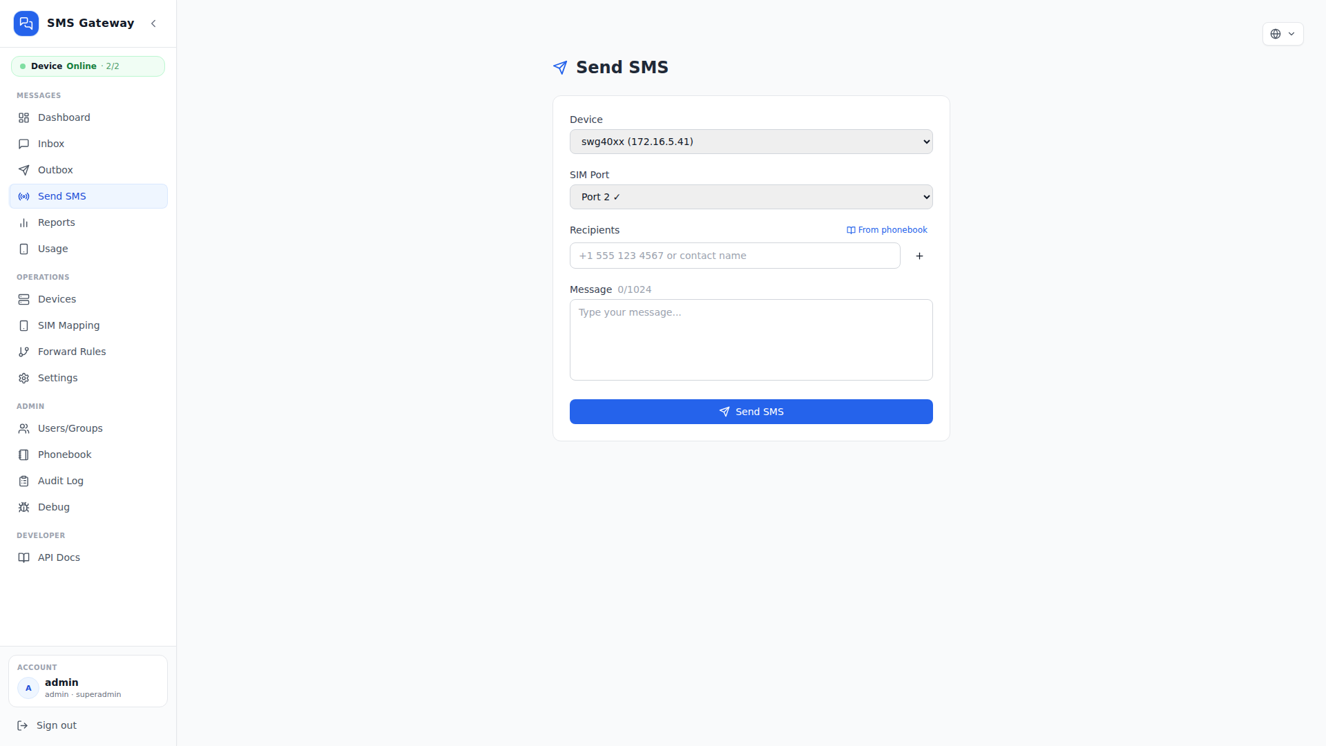 OpenVox SMS Gateway Send SMS interface