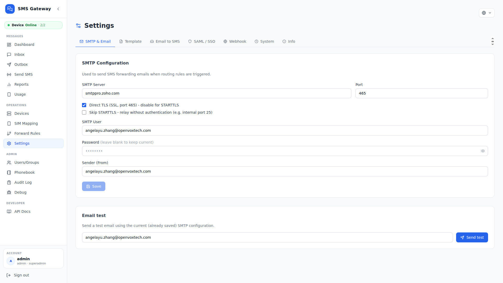 OpenVox SMS Gateway Settings interface