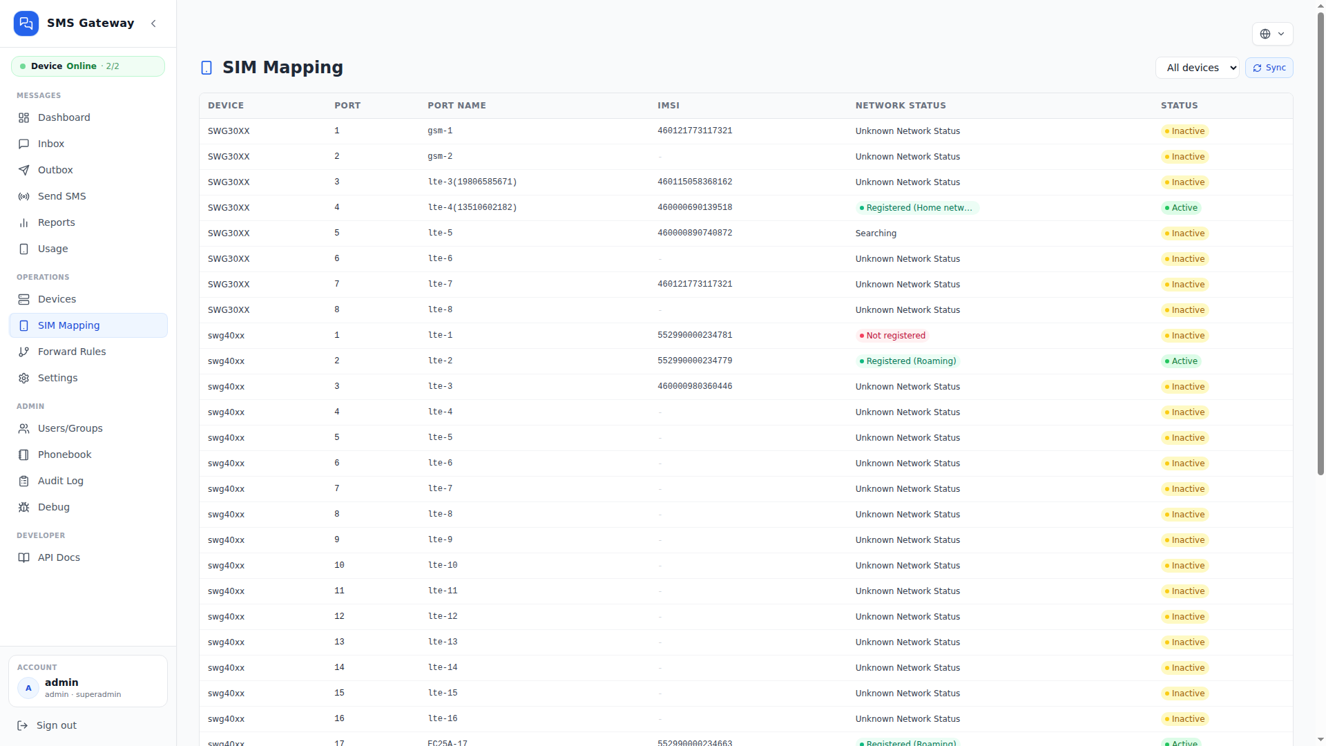 OpenVox SMS Gateway SIM Mapping interface
